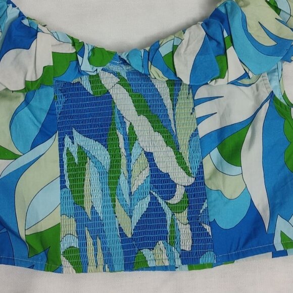 Anthropologie Maeve Top M Blue Puff Sleeve Ruffle Crop Top  V-Neck  Smocked - Picture 7 of 9